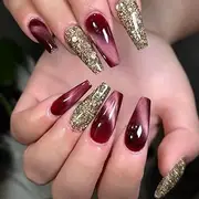 Press on Nails Long Coffin Shape, Purple Red Ombre Artificial Nails, Fingernails for Sticking, Artificial Nails, Gold Sequins, Fake Nails, Adhesive Nails Set, Acrylic Nail Tips, Women's Nail