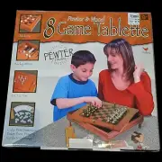Pewter Wood 8 Game Set Chess Checkers Backgammon Play Cards Cribbage Dominoes
