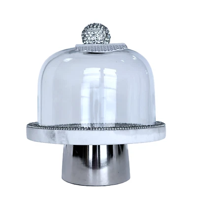 Cake Stand w/Glass Dome, White Marble w/Sparkling Crystal Rim & Silver Pedestal