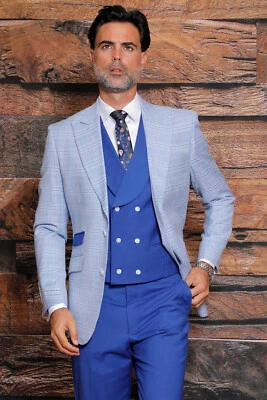 NWT 46R MENS BLUE 2 BUTTON 3PC COMPOSE SUIT DB VEST,MODERN FIT, 2 SIDE VENT