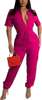[ZonJie] Women's Summer Casual Jumpsuits Short Sleeve Button Up Cute Loose Drawstring Waist Wide Leg Jumpsuit Romper, 923rose, XX-Large