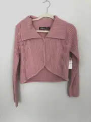 Effeci Rose Quartz Sweater Open Front Long Sleeve Collar Sz Petite Large