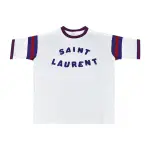 【YSL】YSL SAINT LAURENT毛氈字母LOGO紅藍條紋造型棉質短袖圓領T恤(男款/白X紅X藍)