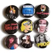 1980s EIGHTIES MUSIC Badge Set Lot Pins x 9 (25mm) 80s Party Costume