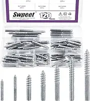 Swpeet 120Pcs 7 Sizes M4 M6 Zinc Hanger Bolts Assortment Kit, Double Headed Bolts, Self-Tapping Screw Hanger Bolts, Dowel Screw Bolts Threaded Rods Bolt Furniture Screws for Wood Furniture Joint