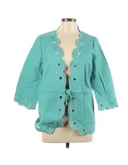 NEW BOB MACKIE Shirt Jacket Scalloped Eyelet Aqua Blue Tie Front Women's Medium