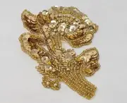 Gold Victorian Floral Flower Beaded Sequined Sew-On Applique Craft Patch Vintage