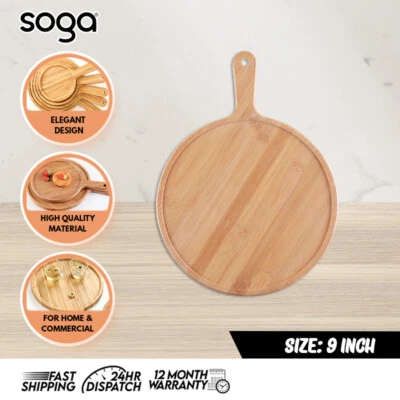 SOGA 9" Blonde Round Premium Wooden Serving Tray Board Paddle w/ Handle Home