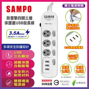 SAMPO聲寶 延長線 電源延長線 充電延長線 防雷擊延長線 USB延長線 四開三插 六開五插 保護蓋 適用插座 壁插