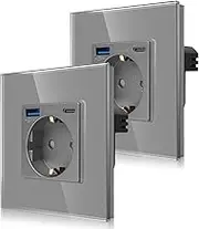 Pack of 2 CNBINGO Single Socket with 2 x USB Ports Quick Charging - 1 x (Type C and USB-A Total Max. 3.1 Amp) - Simple Glass Schuko Socket Flush-Mounted - Grey Wall Socket with Child Lock