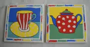 Set of 2 Colorful Tile Trivets Teapot and Cup 6” New