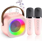 Kids Karaoke Machine, Mini Pink Bluetooth Karaoke Speaker with 2 Wireless Mics&LED Light, Karaoke Microphone Toy Set for Kid Adult, Most Popular Birthday Gifts for 4 5 6 7 12+ Year Old Girl Boy
