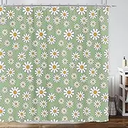 Retro 70S Floral Sage Green Shower Curtain Set, Vintage 80S 60S Hippie Boho Shower Curtain, Groovy Colorful Funky Aesthetic Minimalist Daisies Flower Polyester 72X72 Inch