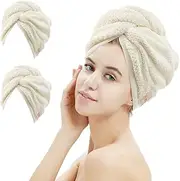 M-bestl 2 Pack Microfiber Hair Towel Wrap,Hair Drying Towel with Button, Absorbent and Soft,Anti-frizz Head Towel to Dry Hair Quickly(Beige&Beige)