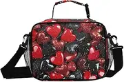 Many Hearts Black Red Insulated Lunch Box for Women Men - Ideal for Work, Picnics - Includes Adjustable Shoulder Strap