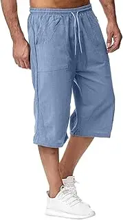 Men's Cotton Linen Capri Pants Baggy Elastic Waist Drawstring Casual Pants Lightweight Beach Trousers with Pockets