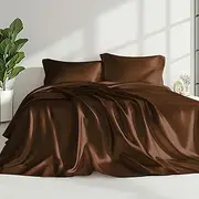 Love's cabin 4Piece California King Satin Bed Linen Set, Brown Silky Satin Sheets, Deep Pocket, Luxury Silk Feel, 1 Flat, 1 Fitted Sheet, 2 Pillow Cases