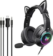 Diewu K9 3.5mm Wired Gaming Headset Removable Cat Ears Headphones Noise Canceling E-Sports Earphone with Microphone RGB LED Light Volume Control Mute Mic for PS4 PC Laptop Smart Phone