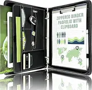 STYLIO Zipper Portfolio Binder | Padfolio 3 Ring Binder (1") and Clipboard Folio (Removable) | Portfolio Organizer for Documents, iPad, Tablet, Phone | Faux Leather Notebook for Men & Women