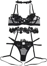 [Generic] Women's Pajamas Sexy Garter G-String Ring Underwire Underwear Neck Thong Belt Bra Embroidery Push up Lingerie for Women Padded
