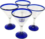 Mexican Hand Blown Glass – Set of 4 Hand Blown Modern Margarita Glasses - Blue Rim (12 oz)