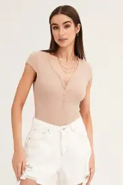 Beige Bodysuit Snap Button Short Sleeve Rib - Size S, Women's Bodysuit
