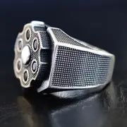 Sterling Silver Men's Ring Spinning Revolver Black Diamond Bullet Unique Jewelry