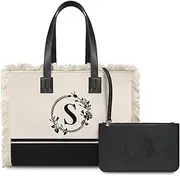 [TOPDesign] Initial Canvas Tote Bag for Women, Personalized Birthday Gift, Casual Tassel Handbag with Wristlet Clutch