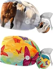 [YTYVAGT] 2-Pc,Nurse Scrub Caps,Scrub Hats with Buttons and Cotton Sweatband,a Group of Horses Running Pattern