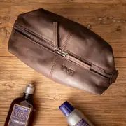 Brown Leather Toiletries Bag with Personalised Monogram