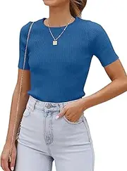[Cuptacc] T-Shirt Women's Short Sleeve Crew Neck Slim Fit Knitted Plain Tops Summer Basic Shirts, Blue, L