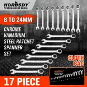 17Pc Ratchet Spanner Set Metric Combination Spanner Open End Ring CR-V 8-24mm
