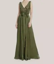 $1375 Badgley Mischka Women's Green Sequin Feather Wrap-Gown Dress Size 4