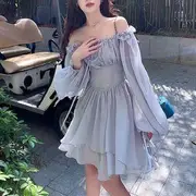 Long-Sleeve Off-Shoulder Plain Ruffle Trim Mini A-Line Corset Dress Gray Blue - S