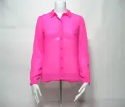 Charlotte Russe Hot Pink Button Up Collared Long Sleeve Blouse Sheer Open Back