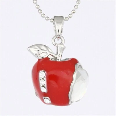 Funky Red Enamel Painted Apple Rhinestone Crystal Pendant Necklace P921