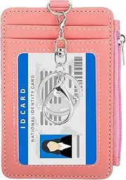 [uxcell] 4.7 x 3.2 x 0.2 Slim PU Leather Card Holder Wallet, 1 Pack Small Front Pocket Credit Card Case with Zipper Coin Wallets, ID Window & Keychain for Women Men, Pink