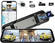 3 Channel Mirror Dash Camera for Cars, 10" Triple Rear View Mirror with Front 3K, Inside and Rear 1080P with WiFi, G-Sensor, Night Vision, Reverse Assist, Parking Monitoring