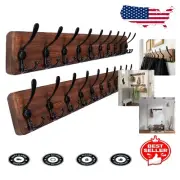 Rustic Pine Wood Wall Mounted Coat Rack with 10 Heavy-Duty Hooks - Pack of 2