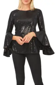 Vince Camuto Womens Sequin Metallic Knit Flutter Bell Sleeve Top, Rich Black, XS