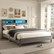 Luxdream LED Bed Frame with Storage Headboard Queen Size Platform Mattress Base Foundation Shelf Wooden Slat Fabric Bedroom Furniture Grey 153x207x103cm
