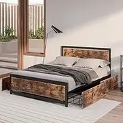 Levede Industrial Design Bed Frame with Headboard, Rust-Resistant Steel Frame, Steel Slats, Bedframe with 4 Storage Drawers, Queen Size Bedframe