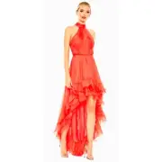 Mac Duggal Ruffle Tiered High Low Pleated Halter Neck Gown Tangerine size 6