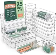 Ruboxa Clear Drawer Organizer, [25 PCS] Clear Plastic Drawer Organizers for Home Organization and Storage, Including 4 Sizes Small Organizer Bins, Non-Slip Pads, for Bathroom, Kitchen, Vanity & Office