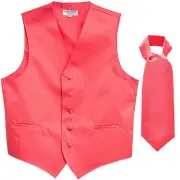 New Men's polyester Tuxedo Vest Waistcoat & Ascot Cravat Coral Wedding formal