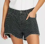 New One Teaspoon Leopard Denim Trucker Shorts Womens 24 Cut Offs