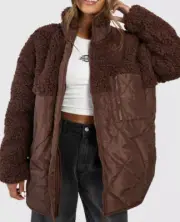 Boohoo Women's SZ 12 Borg Trim Quilted Jacket Chocolate Coat NWT