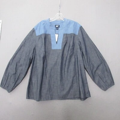 Lands Ends Top Plus 1X Color Block Blue Popover Cottage Core Chambray Cotton NWT