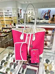 Michael Kors Eva Pink Large Tote Shoulder Handbag Purse Bag + Bifold id Wallet