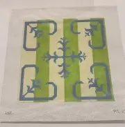 needlepoint canvas handpainted, blue scroll with green stripes
